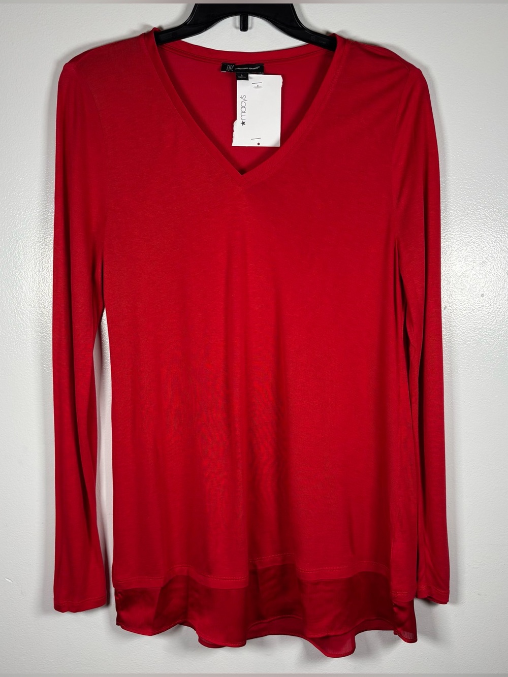 INC Top Women’s Sz L Red Pullover V-Neck Satin Trim Semi Sheer Layering Holiday